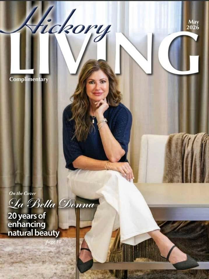 Tracey Bare on the May 2026 cover of Hickory Living, celebrating 20 years of La Bella Donna
